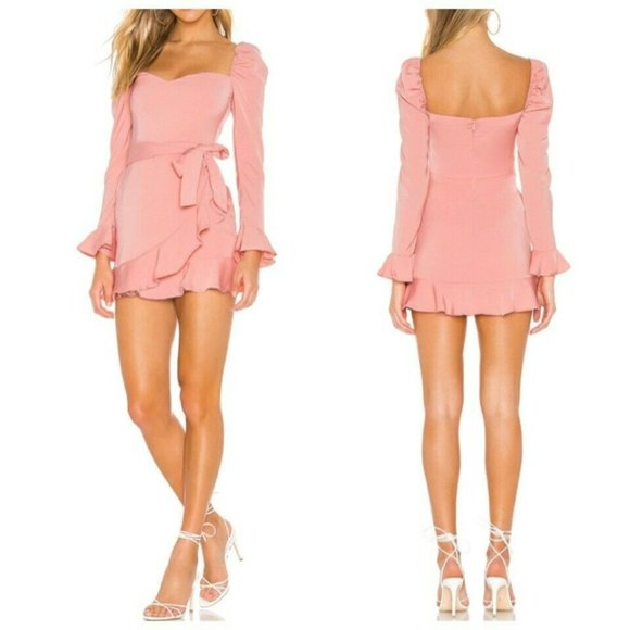 REVOLVE More To Come Khloe Ruffle Sleeve Mini Dress Size S Blush Pink Satin Belt - Picture 1 of 11